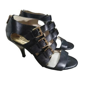Michael Kors Black Leather Gold Buckle Hardware Viola Mid Sandals Heels